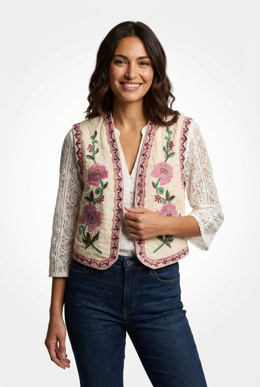 Embroidered Open Front Vest-vests > open front vest-Laventaire-Pink-XS-Laventaire