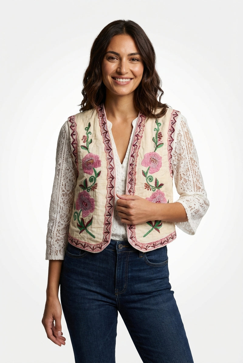 Embroidered Open Front Vest-vests > open front vest-Laventaire-Pink-XS-Laventaire