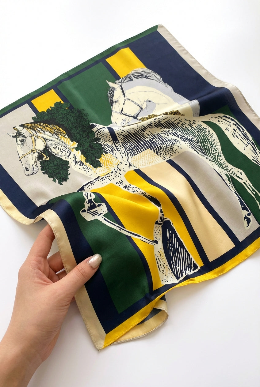 Equestrian Print Square Scarf-accessories > scarves > square scarves-Laventaire-Yellow-One size-Laventaire