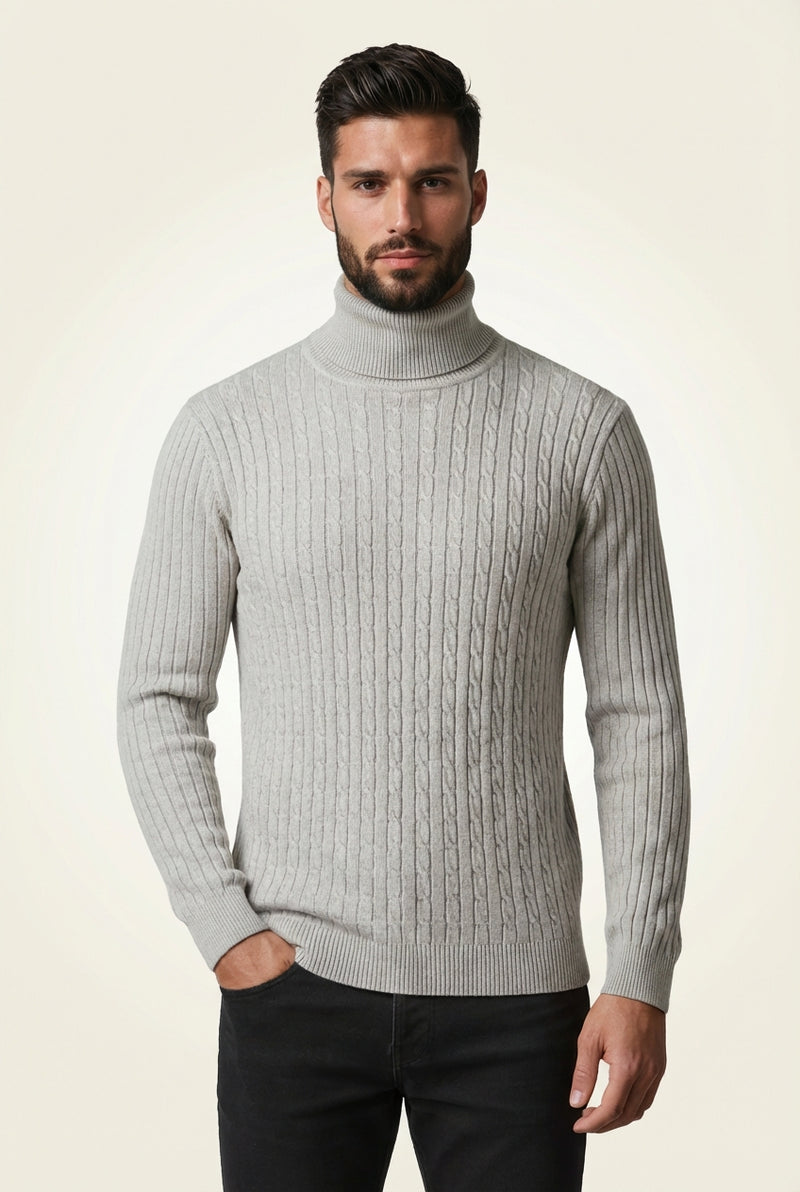 Fitted Cable Knit Sweater-sweaters > cable knit sweater-Laventaire-Light Gray-M-Laventaire