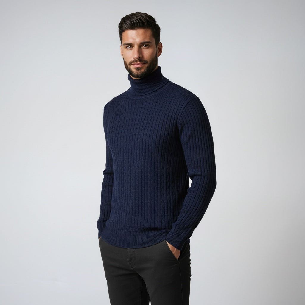 Fitted Cable Knit Sweater-sweaters > cable knit sweater-Laventaire-Navy Blue-M-Laventaire