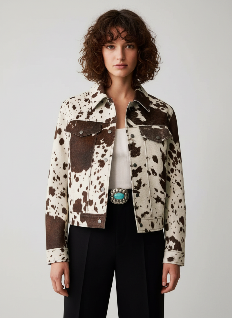 Fitted Cow Print Jacket-jackets > fitted jackets-Laventaire-Laventaire