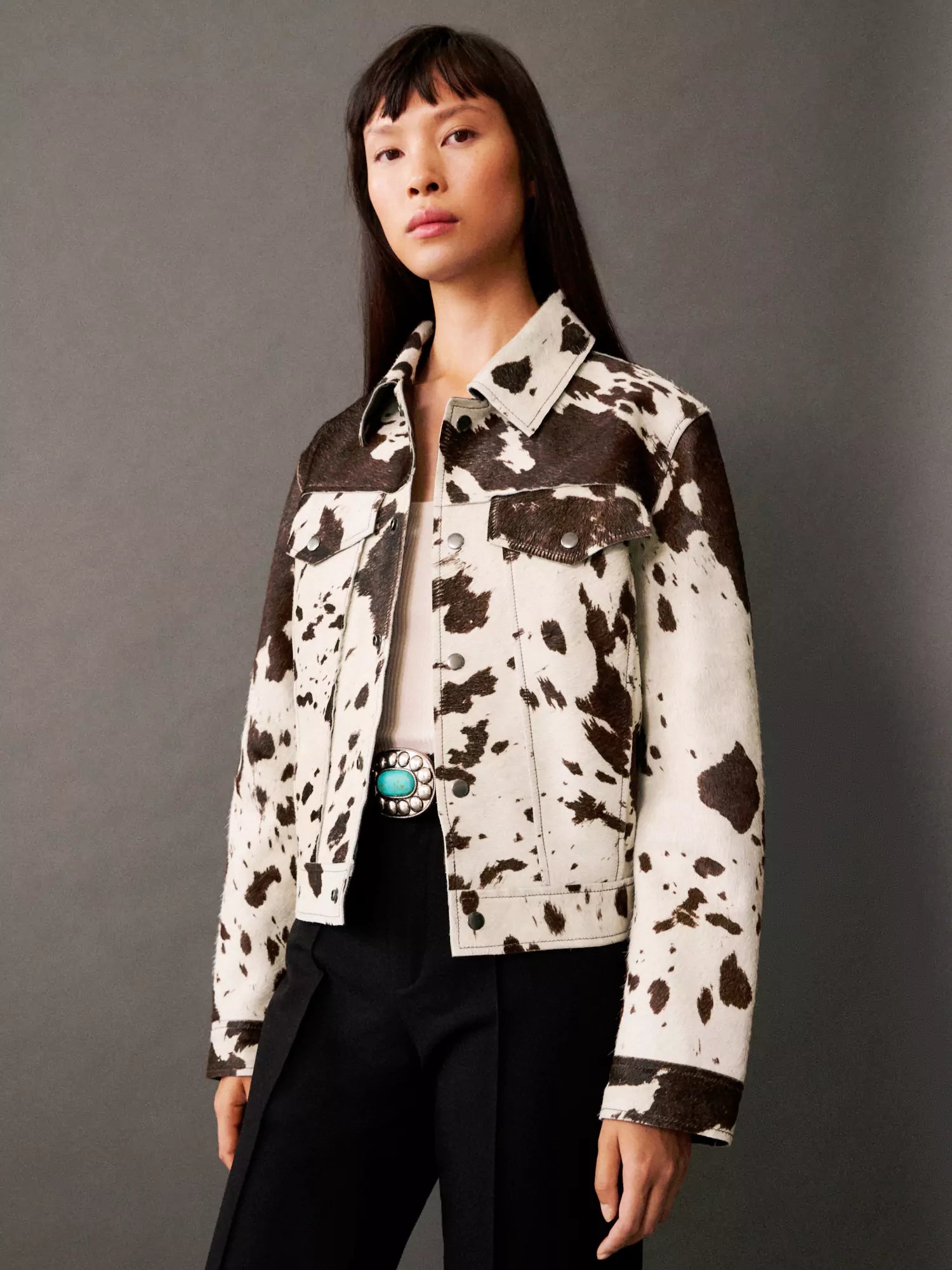Fitted Cow Print Jacket-jackets > fitted jackets-Laventaire-Laventaire