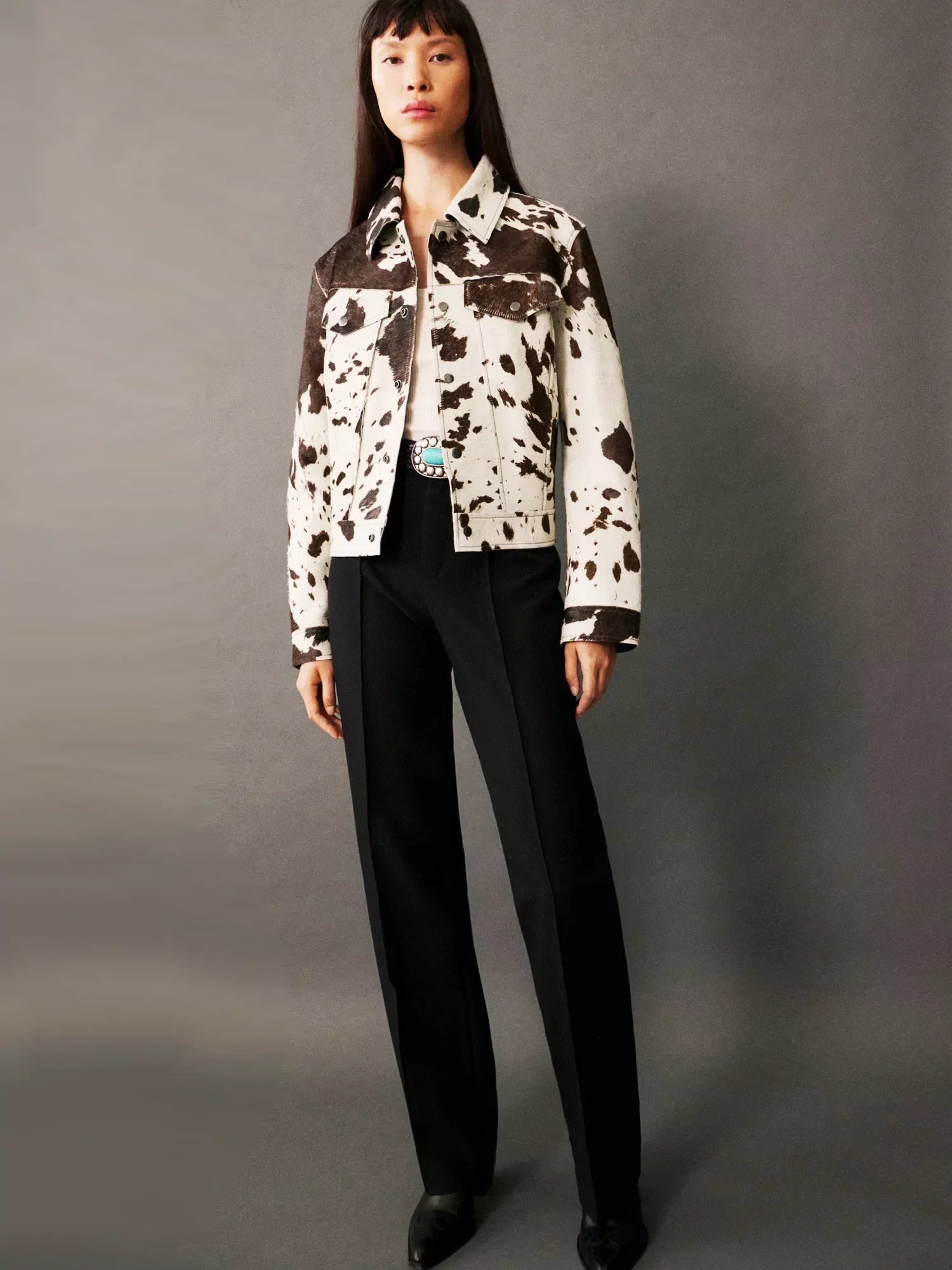 Fitted Cow Print Jacket-jackets > fitted jackets-Laventaire-Laventaire