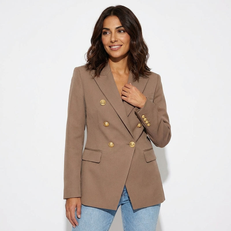 Fitted Double Breasted Blazer-blazers > fitted blazer-Laventaire-Camel-S-Laventaire