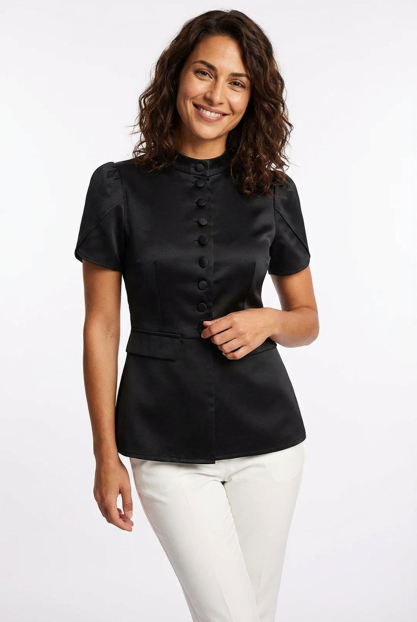 Fitted Short Sleeve Blouse-blouses > fitted blouse-Laventaire-Black-S-Laventaire