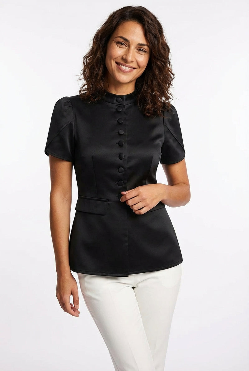 Fitted Short Sleeve Blouse-blouses > fitted blouse-Laventaire-Black-S-Laventaire