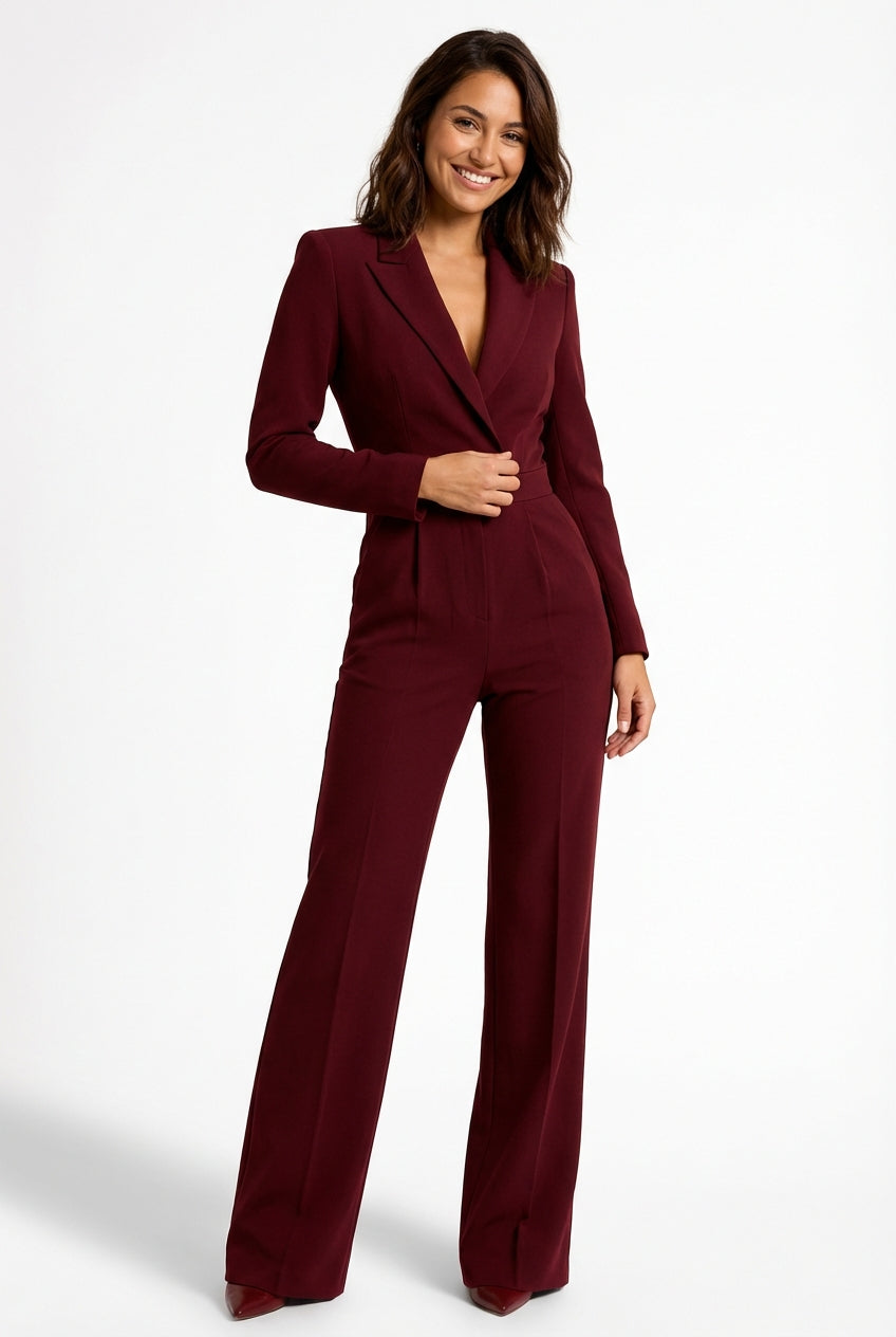 Fitted Wide-Leg Jumpsuit-jumpsuits > wide-leg jumpsuit-Laventaire-Burgundy-S-Laventaire