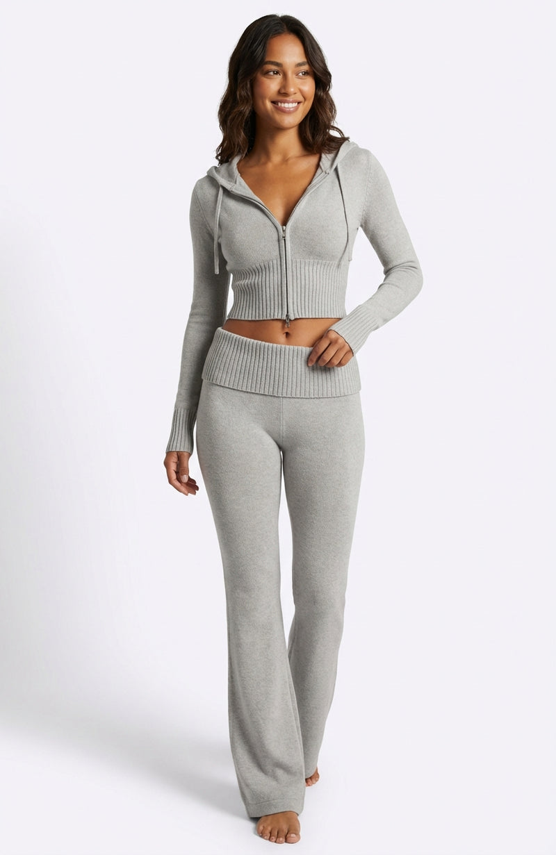 Fitted Wide-Leg Lounge Set-loungewear > lounge set-Laventaire-Light Gray-S-Laventaire