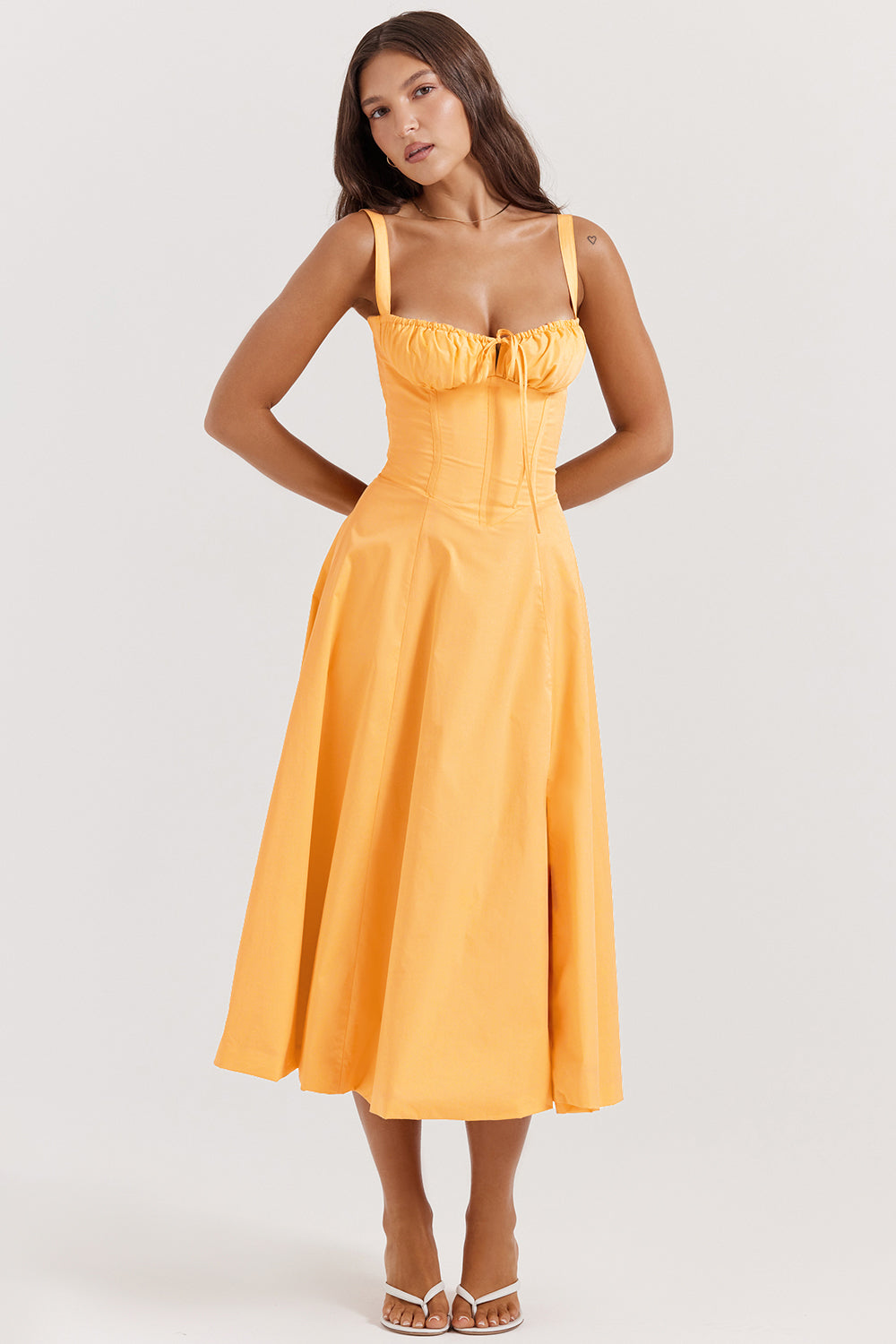 Flared Skirt Midi Dress-dresses > midi dress-Laventaire-Orange-XS-Laventaire