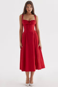 Flared Skirt Midi Dress-dresses > midi dress-Laventaire-Red-XS-Laventaire