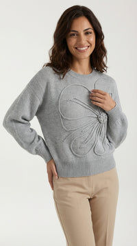 Floral Knit Sweater-sweaters > knit sweater-Laventaire-Gray-S-Laventaire