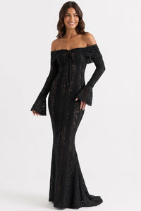 Floral Lace Evening Gown-dresses > evening gown-Laventaire-Black-S-Laventaire