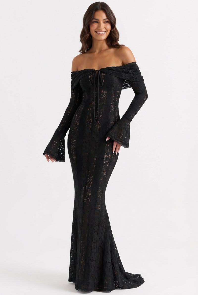 Floral Lace Evening Gown-dresses > evening gown-Laventaire-Black-S-Laventaire