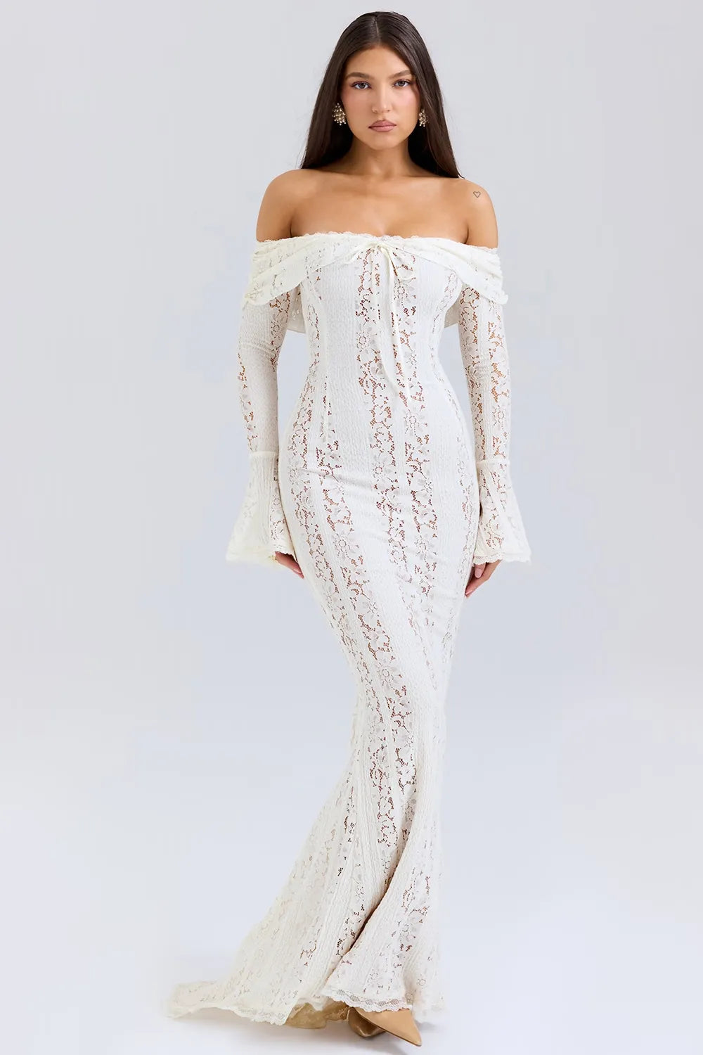 Floral Lace Evening Gown-dresses > evening gown-Laventaire-White-S-Laventaire