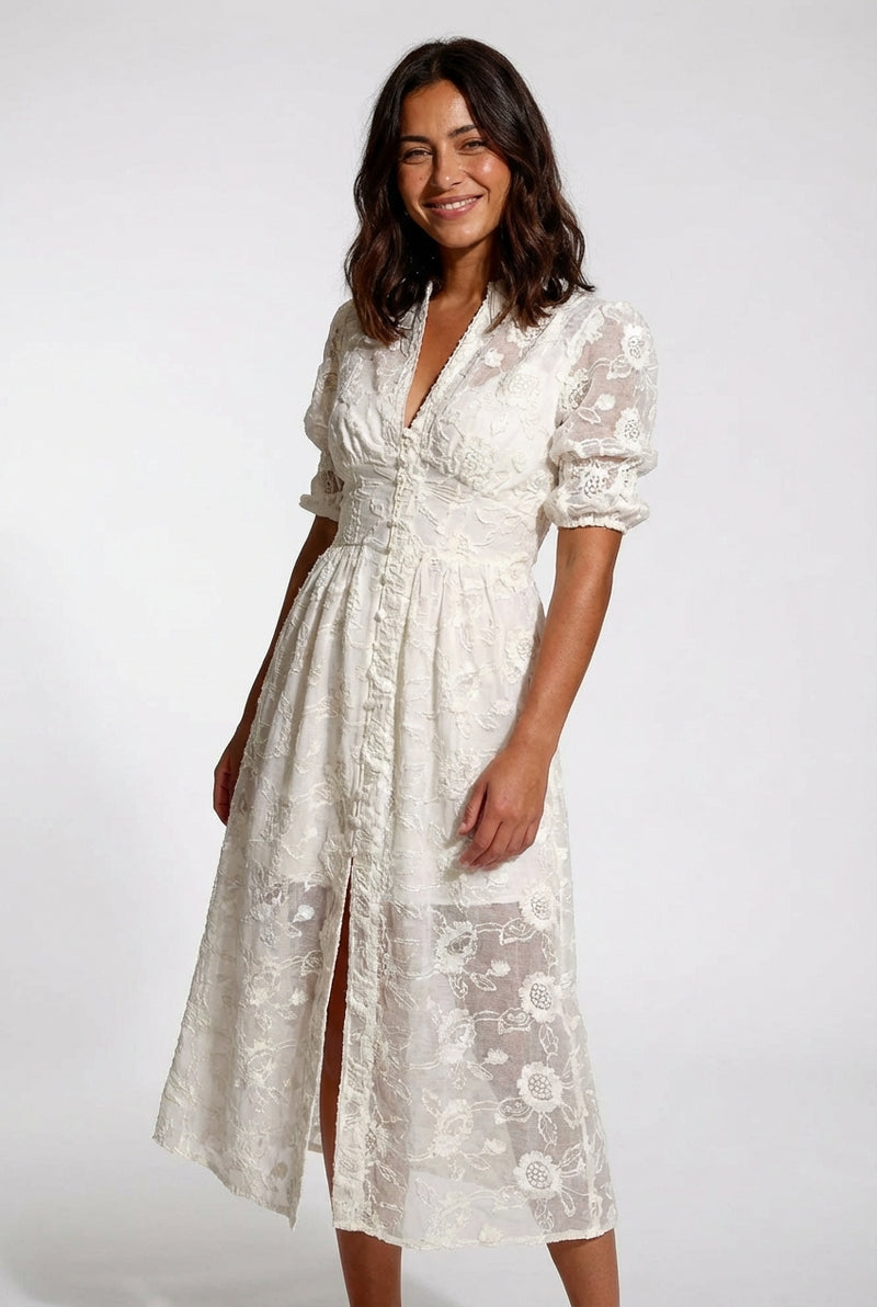 Floral Midi Dress Sleeves-dresses > maxi dress-Laventaire-White-S-Laventaire