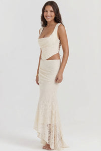 Floral Set Maxi Dress-dresses > maxi dress-Laventaire-Ivory-XS-Laventaire