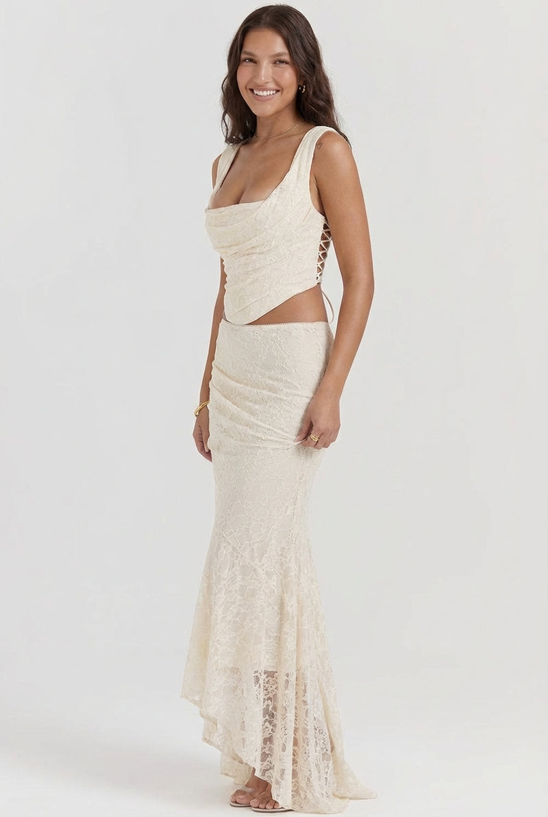 Floral Set Maxi Dress-dresses > maxi dress-Laventaire-Ivory-XS-Laventaire