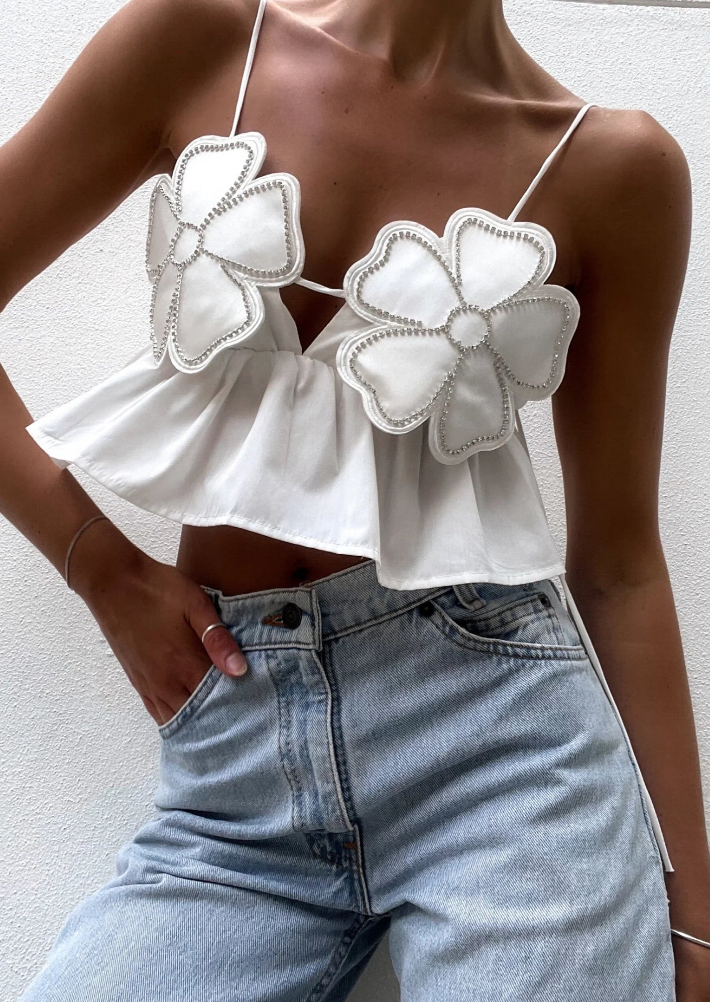 Floral Slim Fit Top-tops > fitted tops-Laventaire-White-S-Laventaire