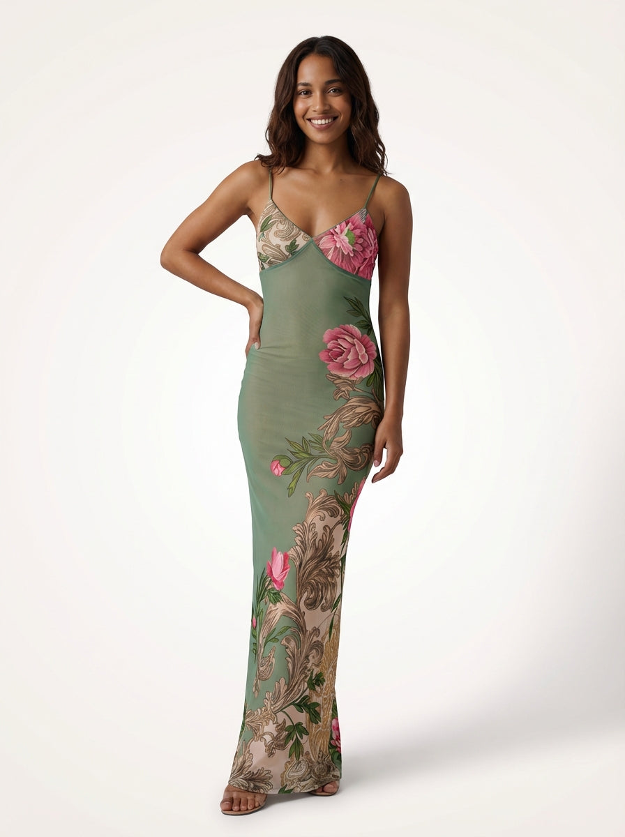 Floral Summer Maxi Dress-dresses > maxi dress-Laventaire-Olive Green-S-Laventaire