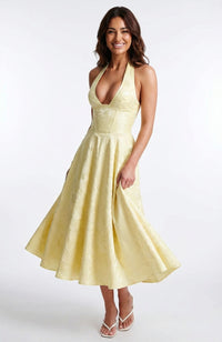 Flowy Halter Neck Midi Dress-dresses > midi dress-Laventaire-Pastel Yellow-S-Laventaire