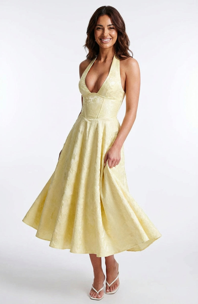 Flowy Halter Neck Midi Dress-dresses > midi dress-Laventaire-Pastel Yellow-S-Laventaire