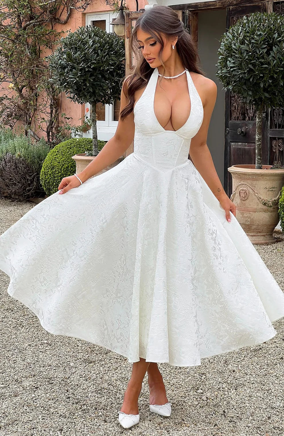 Flowy Halter Neck Midi Dress-dresses > midi dress-Laventaire-White-S-Laventaire