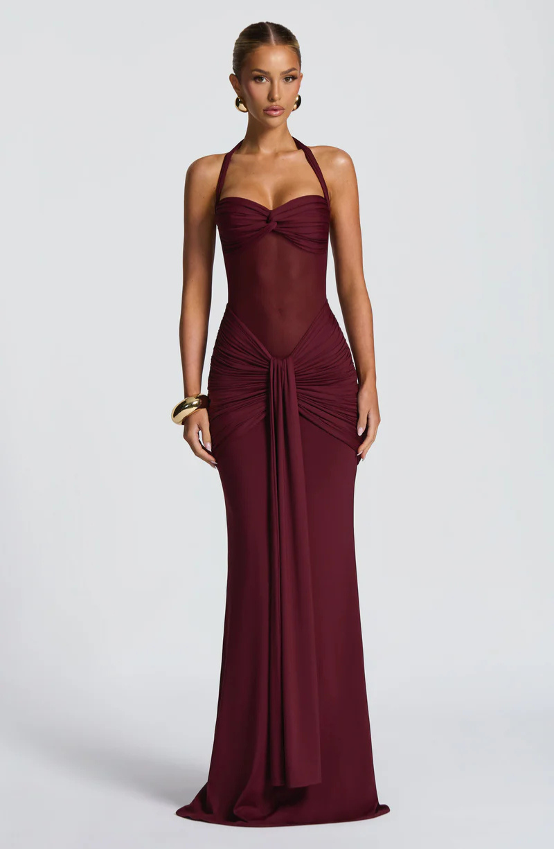 Halter Bodycon Maxi Dress-dresses > maxi dress-Laventaire-Burgundy-XS-Laventaire