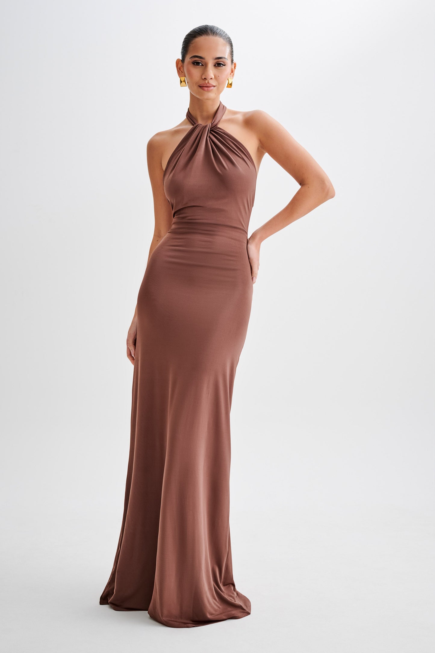 Halter Neck Bodycon Maxi Dress-dresses > maxi dress > bodycon maxi dress-Laventaire-Light Brown-XS-Laventaire
