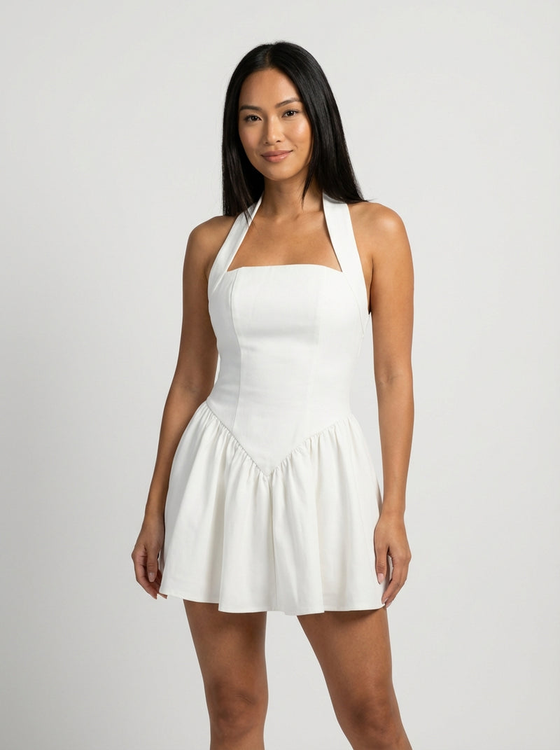 Halter Neck Casual Mini Dress-dresses > mini dress-Laventaire-White-S-Laventaire