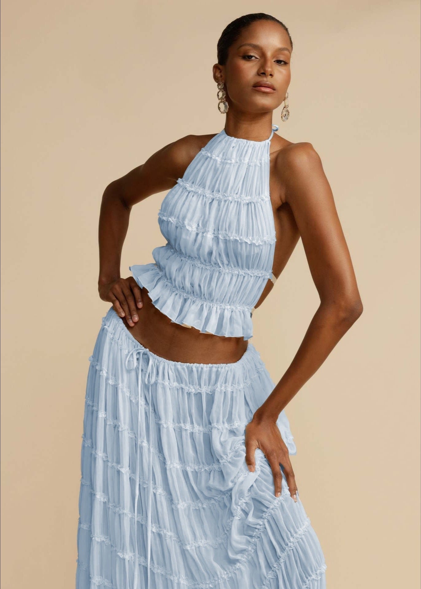 Halter Neck Co-Ord Set-sets > top and skirt set-Laventaire-Light Blue-XS-Laventaire