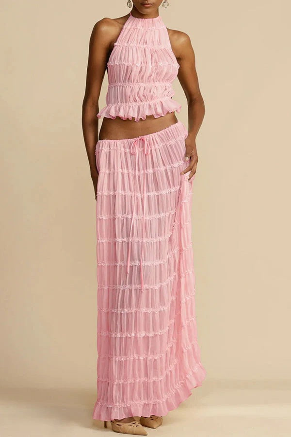 Halter Neck Co-Ord Set-sets > top and skirt set-Laventaire-Pink-XS-Laventaire