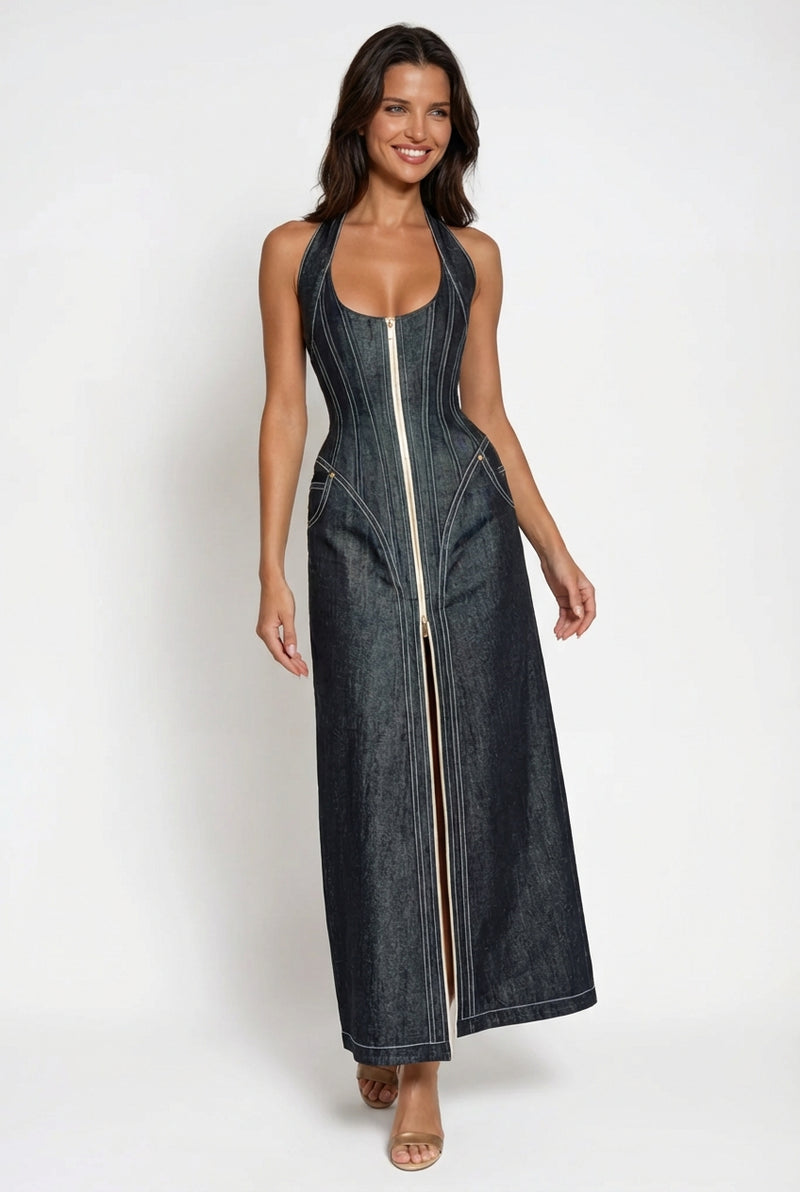 Halter Neck Maxi Dress-dresses > maxi dress-Laventaire-Dark Denim-XS-Laventaire