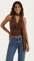 Halter Neck Tank Top-tops > tank tops > halter neck tank tops-Laventaire-Dark Brown-S-Laventaire