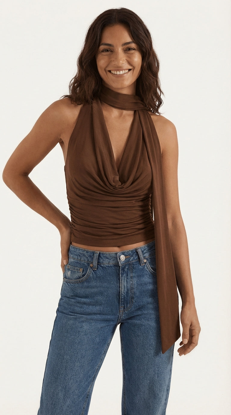 Halter Neck Tank Top-tops > tank tops > halter neck tank tops-Laventaire-Dark Brown-S-Laventaire