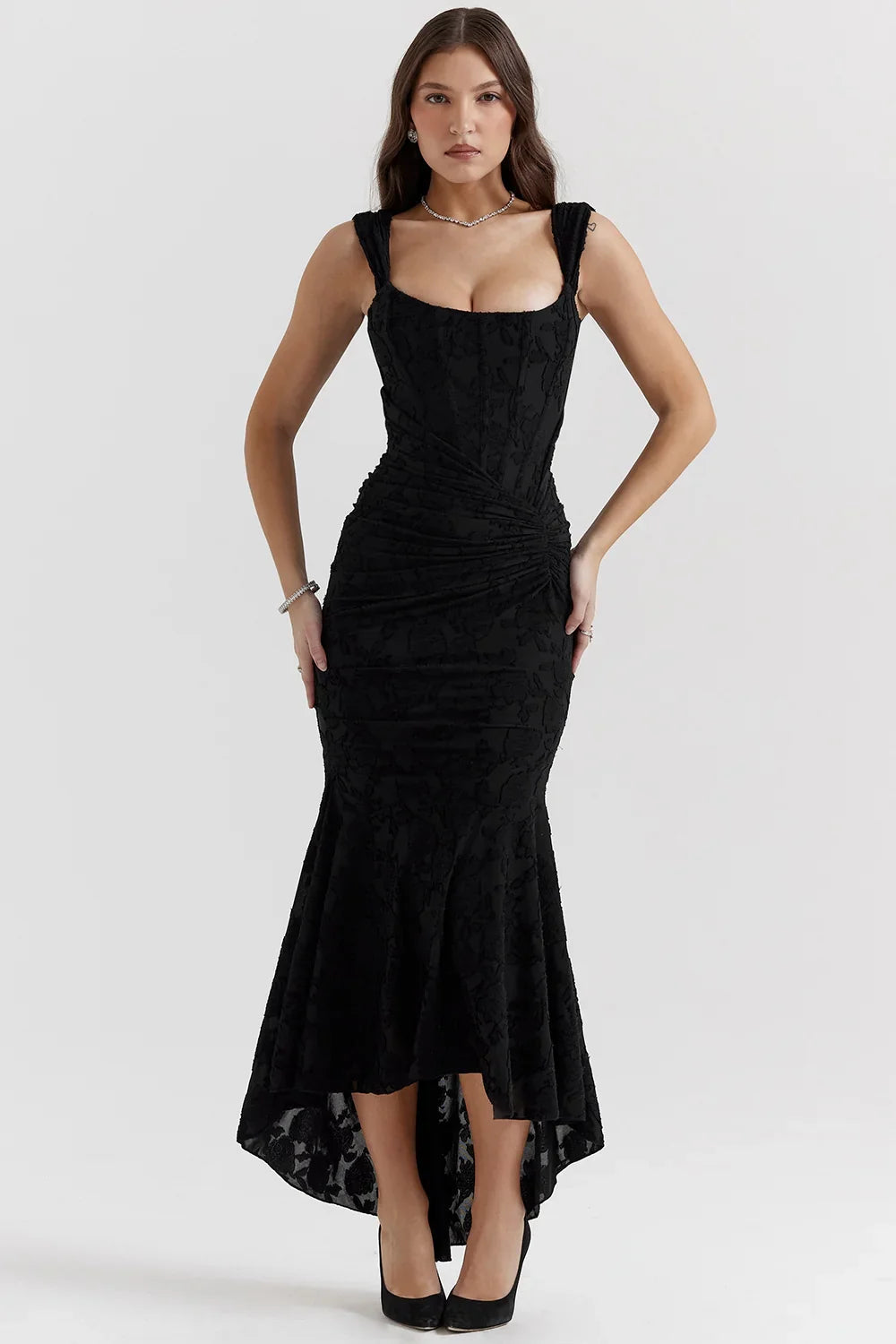 High-Low Floral Maxi Dress-dresses > maxi dress-Laventaire-Black-S-Laventaire