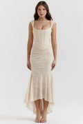 High-Low Floral Maxi Dress-dresses > maxi dress-Laventaire-Light Beige-S-Laventaire