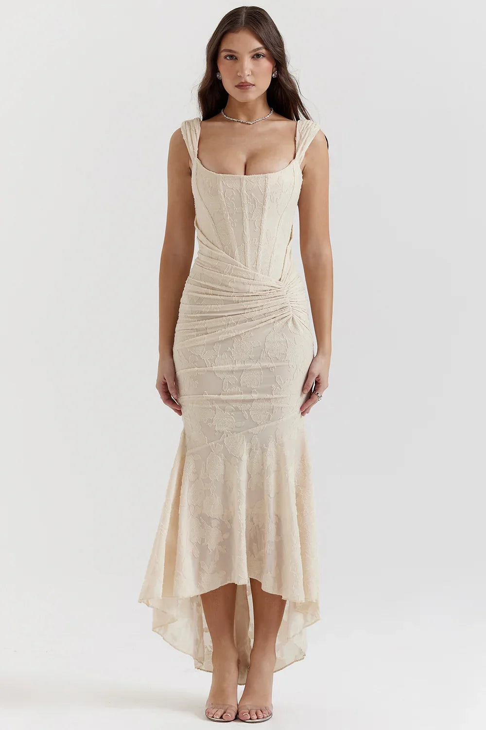 High-Low Floral Maxi Dress-dresses > maxi dress-Laventaire-Light Beige-S-Laventaire
