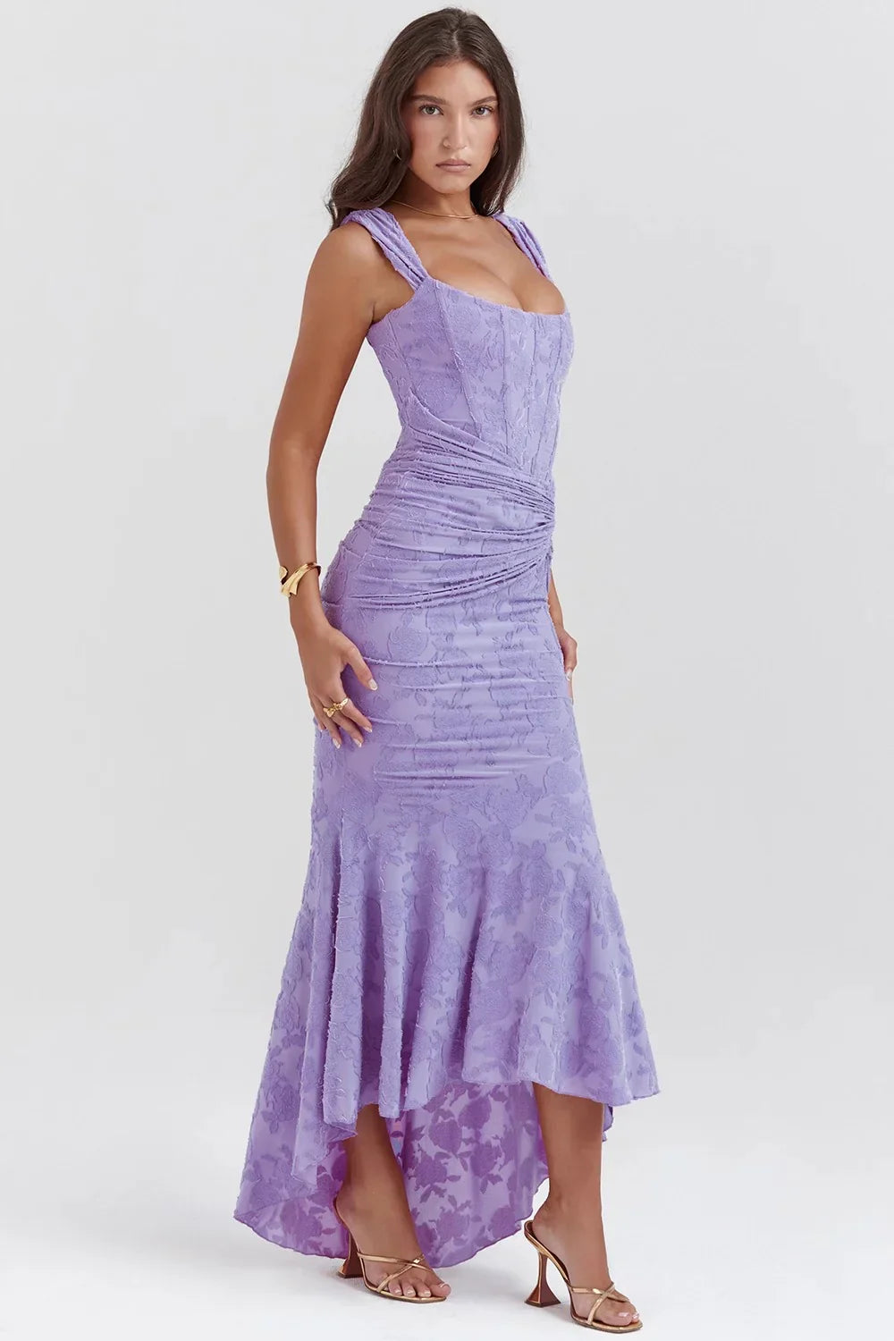 High-Low Floral Maxi Dress-dresses > maxi dress-Laventaire-Light Purple-S-Laventaire