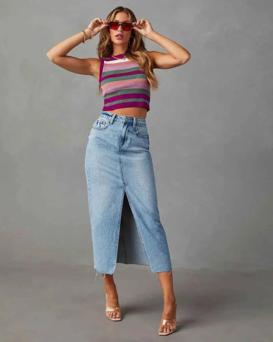 High Waist Denim Skirt-Denim Skirts-Laventaire-Blue-S-Laventaire
