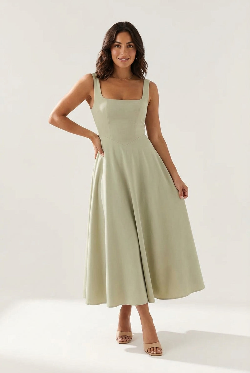 High Waist Midi Dress-dresses > midi dress-Laventaire-Light Green-S-Laventaire
