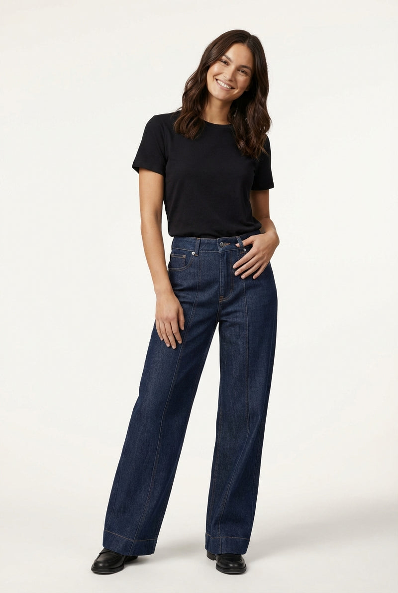 High Waist Wide Leg Jeans-jeans > wide leg jeans-Laventaire-Dark Denim-S-Laventaire