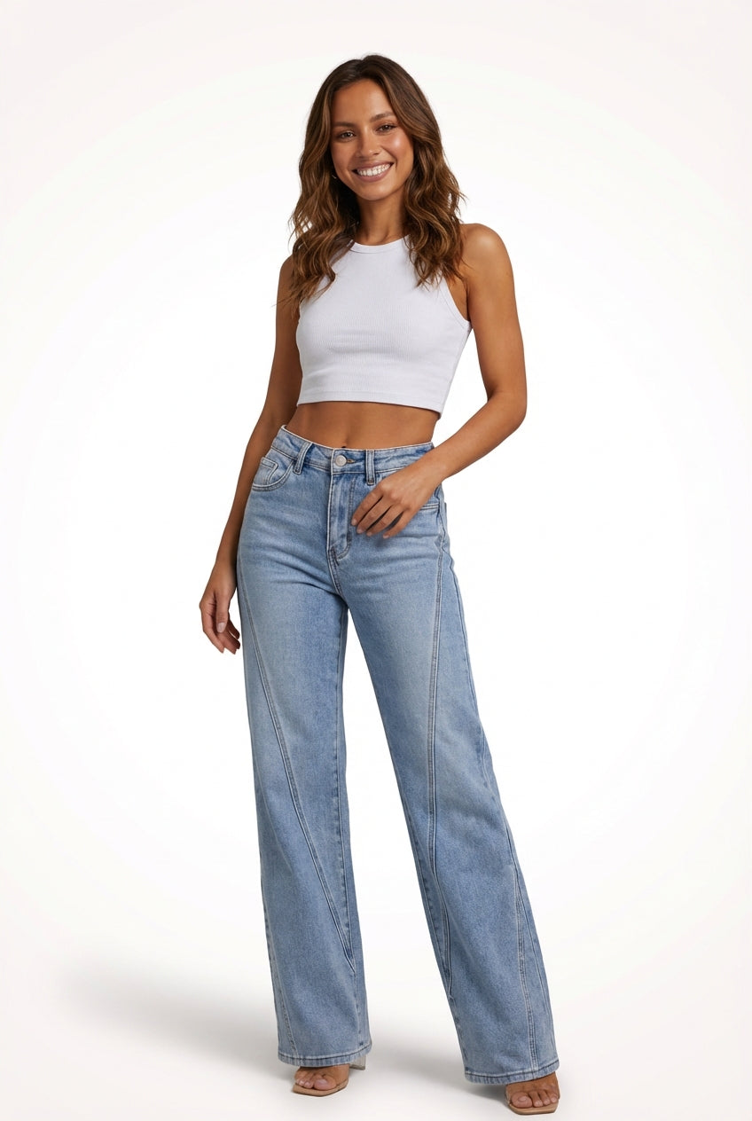 High Waist Wide Leg Jeans-jeans > wide leg jeans-Laventaire-Light Blue-S-Laventaire