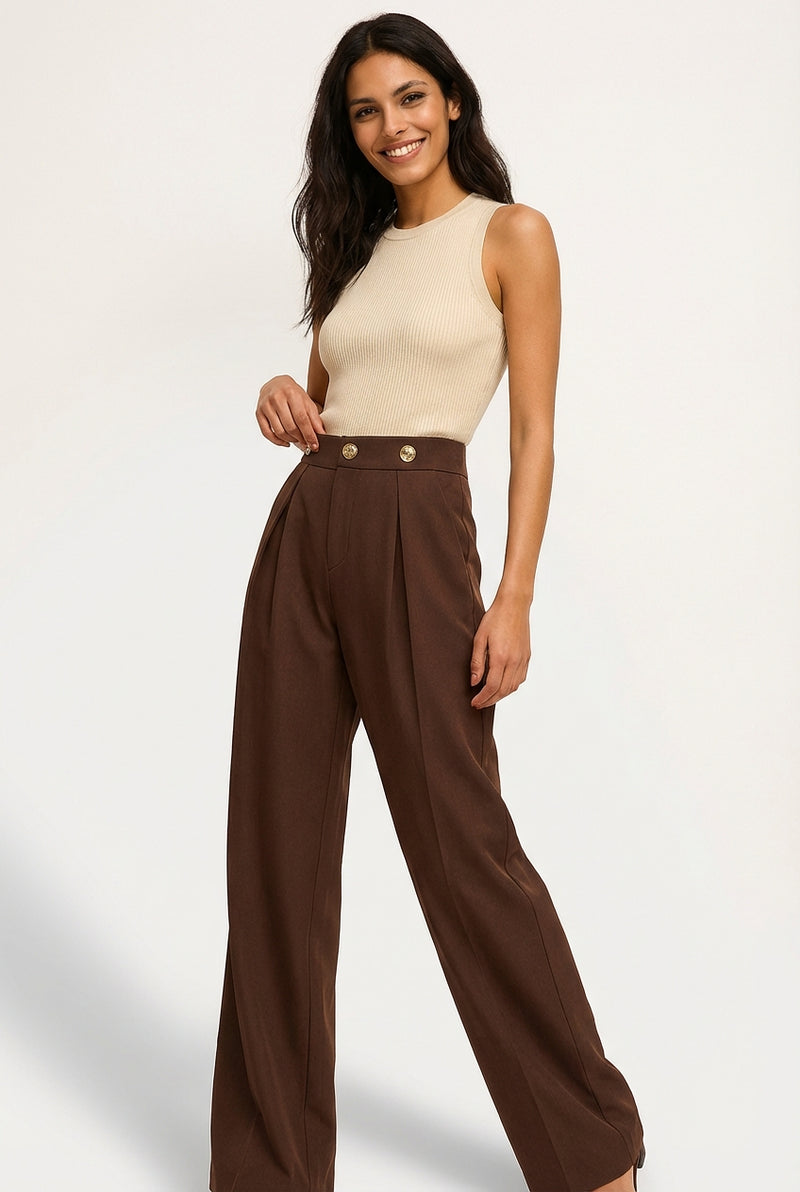 High Waist Wide Leg Trousers-trousers > wide leg trousers-Laventaire-Dark Brown-S-Laventaire