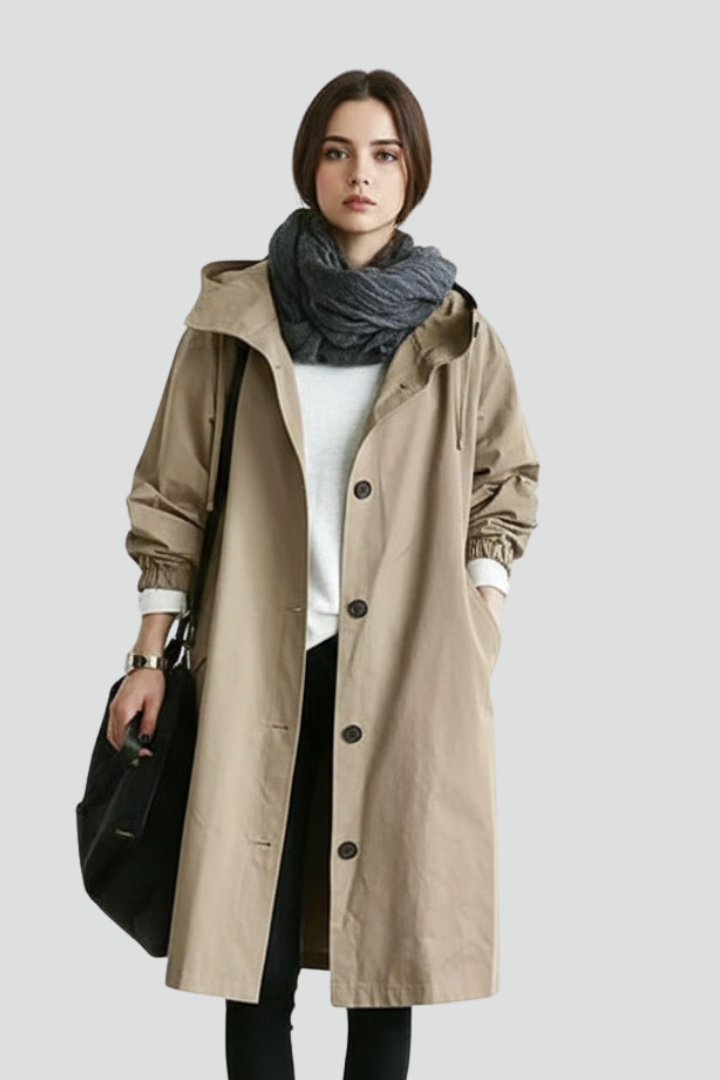Hooded Long Coat-coats > long coat-Laventaire-Beige-S-Laventaire