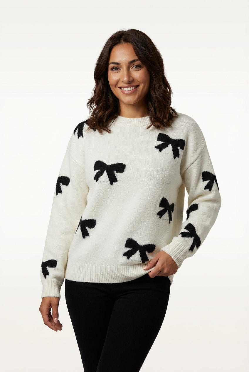 Knitted Sweater With Bow-sweaters > knitted sweater-Laventaire-White-S-Laventaire