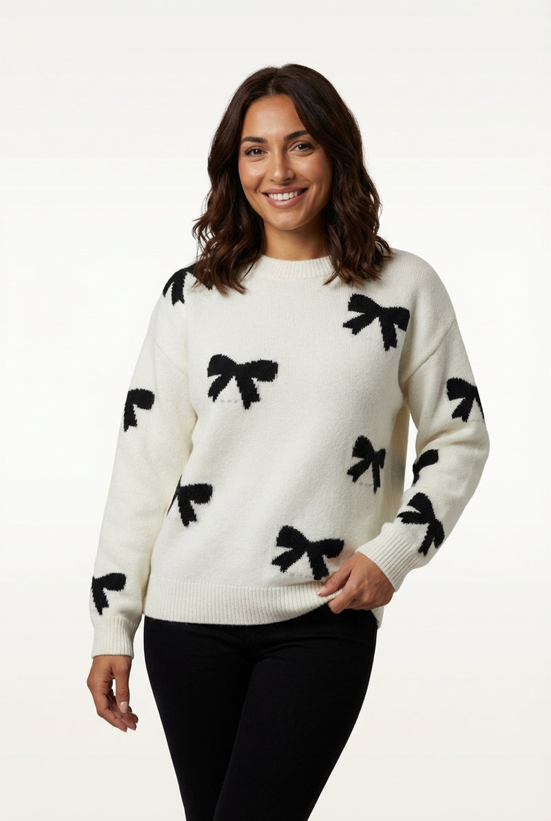 Knitted Sweater With Bow-sweaters > knitted sweater-Laventaire-White-S-Laventaire