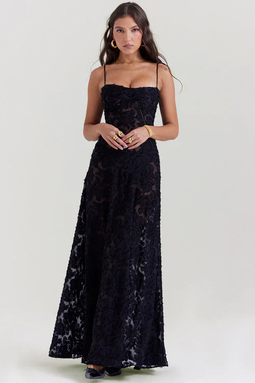 Lace Floral Maxi Dress-dresses > maxi dress-Laventaire-Black-S-Laventaire