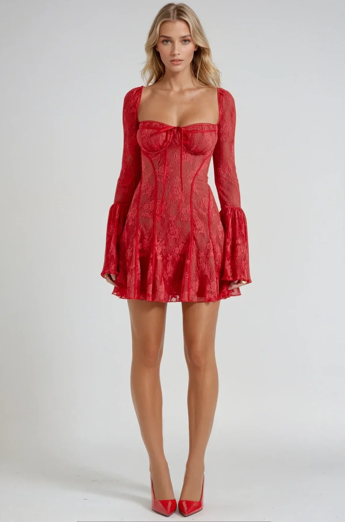 Lace Mini Wedding Guest Dress-dresses > wedding guest dress-Laventaire-Red-S-Laventaire