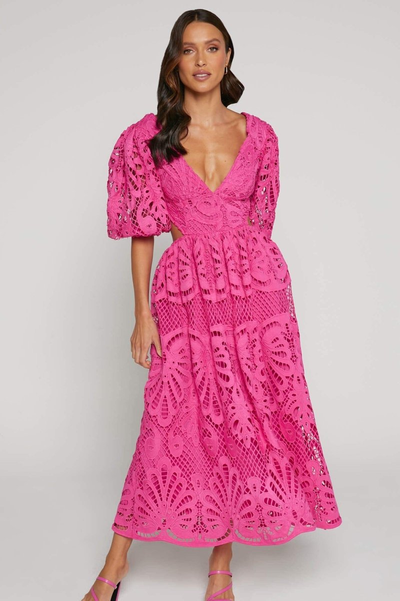 Lace Wedding Guest Dress-dresses > lace dress-Laventaire-Deep Pink-S-Laventaire